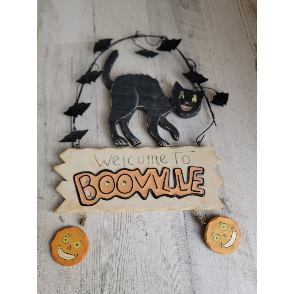 Vtg style halloween sign shabby chic welcome booville cat wall sign hanging Hall